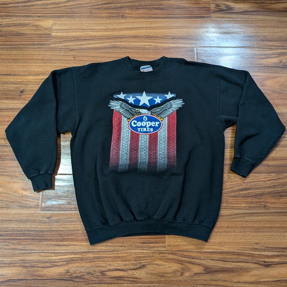 Vintage 90s Cooper Tires Bald Eagle American Flag Black Crewneck Sweatshirt Sz L